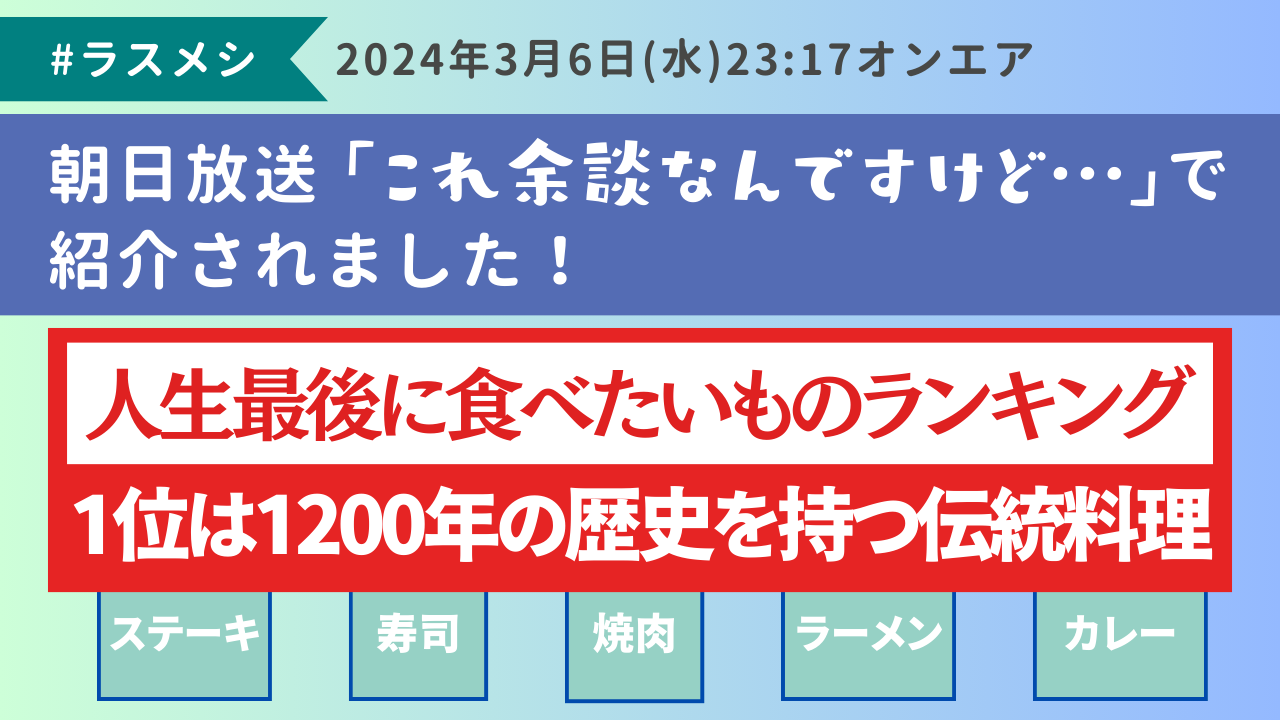 朝日放送「これ余談なんですけど…」で『人生最後に食べたい物ランキング』として【＃ラスメシ】ランキングが話題になりました！